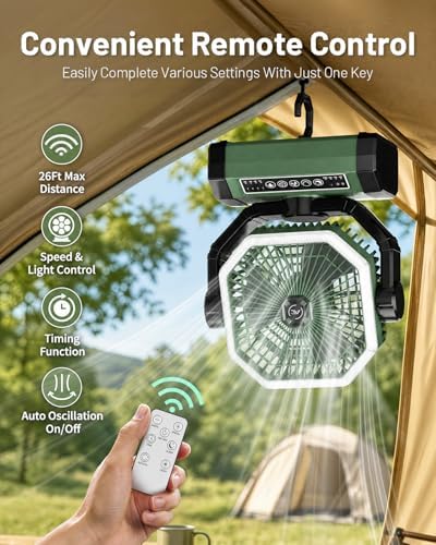 Allsion Camping Fan - 24000mAh Portable Fan, Rechargeable Fan with Light & Remote, Battery Powered Fan 4 Speed Strong Airflow, Desk/Camping/Outdoor/Gym Fan for Office Travel Treadmill Camping Gear - Image 3