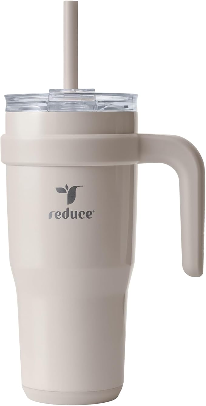 REDUCE 24 oz Stainless Steel Tumbler with Handle - Dual-Wall Vacuum Insulated Travel Mug, Sweat-Proof Lid & Reusable Straw - Keeps Drinks Cold for 24 Hrs, Fits Cupholders, Dishwasher Safe - Sand by Reduce