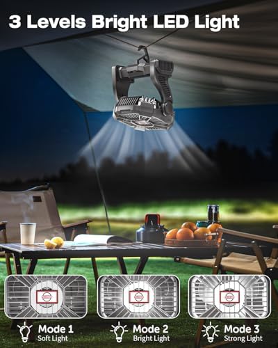 AEscod Portable Camping Fan, Rechargeable Battery Operated with LED Lights, Hanging Hook, 270°Rotation, Battery Powered Fan for Beach, Office, Picnic, Fishing, Travel, Tent - Image 6