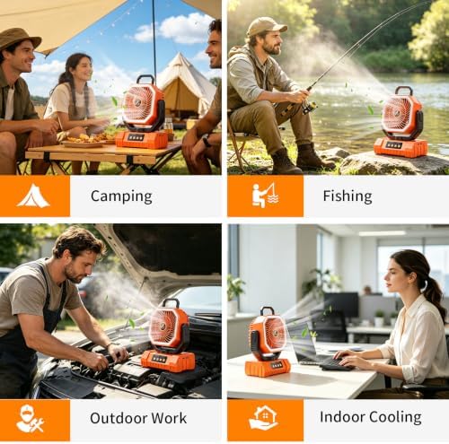 Camping Fan Rechargeable - 20000mAh Cordless Battery Powered Portable Fan with LED Lantern, Remote Auto Oscillating Wireless Fan USB Rechargeable Tent Fan for Travel Outdoor Cooling Car Home (Orange) - Image 6