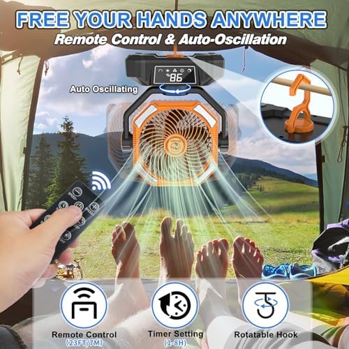 Multper 20000mAh Camping Fan with LED Lantern, 65H Runtime Battery Operated Fan for Tent, Auto-Oscillating Rechargeable Fan with Remote, 4 Speeds Personal Desk Fan for Camping, RV, Jobsite, Outage - Image 5