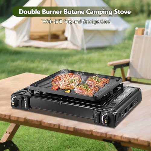 Double Burner Butane Stove, Butane Camping Stove Kit with Baking Pan and Carrying Case, Portable Camping Burner for RV, Apartments, Outdoor - Image 2