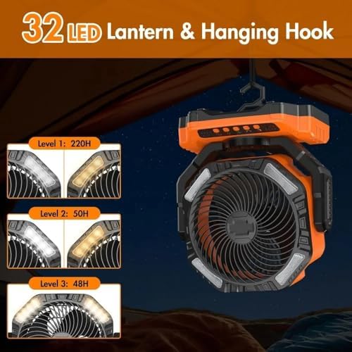 Camping Fan with LED Lantern, 40000mAh Rechargeable Battery Operated Outdoor Tent Fan with Light & Hanging Hook, 4 Speeds, Personal USB Desk Fan for Camping, Power Outage(Orange) - Image 4