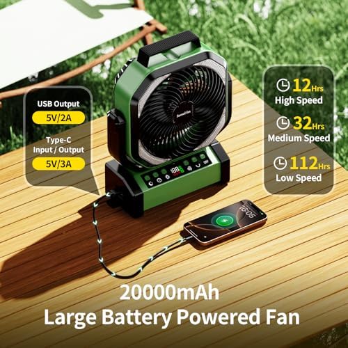 Socool Camping Fan with Light, 20000mAh Rechargeable Battery Fan with Remote, 112Hrs & 8 Speeds, Digital Display, Timer, Auto Oscillation, 270° Pivot & Hook for Outdoor Tent, Hurricane, Power Outage - Image 4
