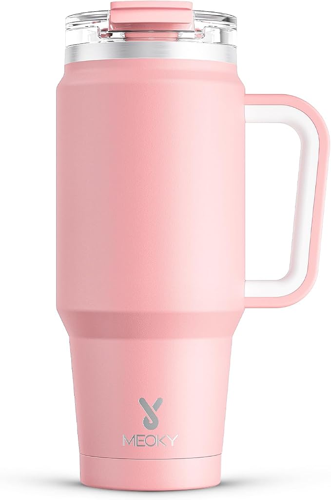 Meoky 32 oz Tumbler with Handle, Insulated Tumbler with Lid and Straw, Stainless Steel Travel Mug, Keeps Cold for 24 Hours, 100% Leak Proof, Fits in Car Cup Holder (Blush) by MEOKY