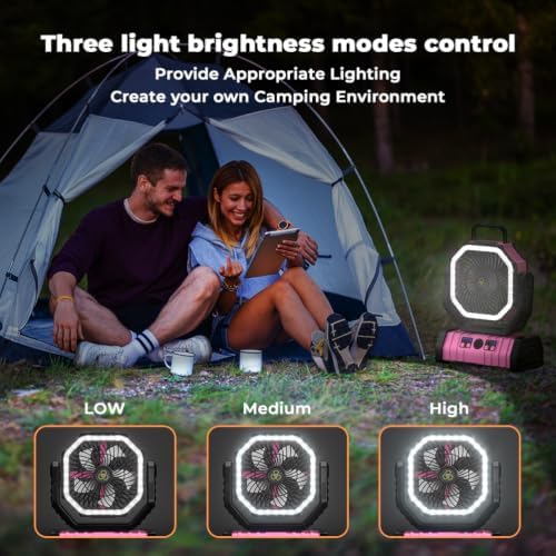 Camping Fan - 20000mAh Battery Powered Fan Rechargeable with LED Lantern - Portable Outdoor Tent Fans with Hanging Hook 4 Speeds Wind Remote Control, Pink - Image 5