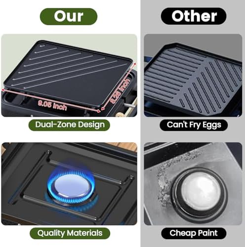 OGERY 2-Burner Foldable Camping Stove with Griddle (Textured & Smooth) and Carrying Bag, Portable Propane Camp Stove with 2 Adjustable Burners & Piezo Ignition, for Camping Tailgating Essentials Gear - Image 4