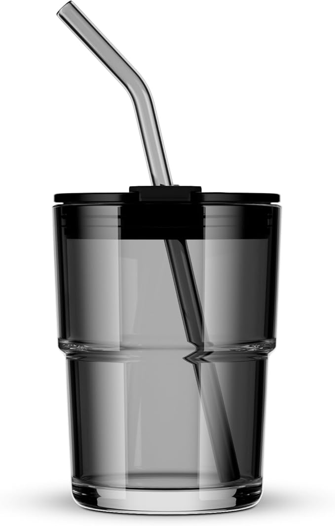 BLUEPOLAR 13oz/400ml Tumbler Water Glass, Water Bottle with Straw and Lid Sealed Carry on, Glass Coffee Mug Iced Tea Cup Thick Wall Insulated Glass Cup (Gray) by BLUEPOLAR
