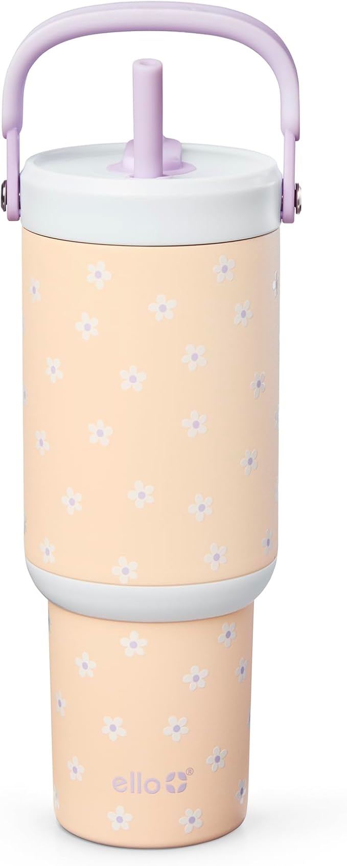 Ello Oasis Go+ 26oz Tumbler with Top Handle and Retracting Straw | Reusable Insulated Stainless Steel Cup, 100% Leakproof Water Bottle, 24 Hours Cold, Cup Holder Friendly For Travel | Daisies by Ello