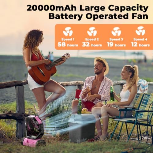 Camping Fan - 20000mAh Battery Powered Fan Rechargeable with LED Lantern - Portable Outdoor Tent Fans with Hanging Hook 4 Speeds Wind Remote Control, Pink - Image 3