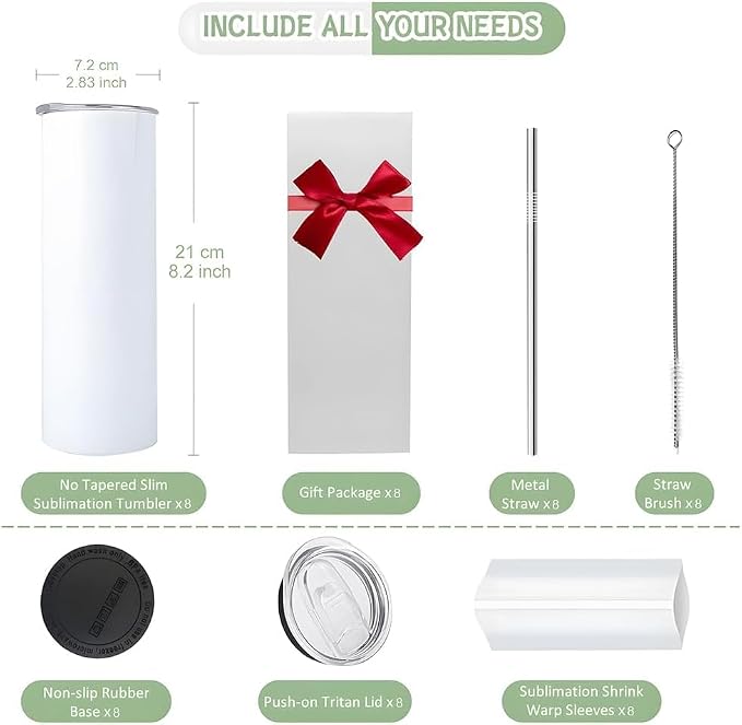 Sublimation Tumblers, 20 oz Skinny Straight Sublimation Tumbler with Lids and Straws Bulk (8 Pack) - Image 2