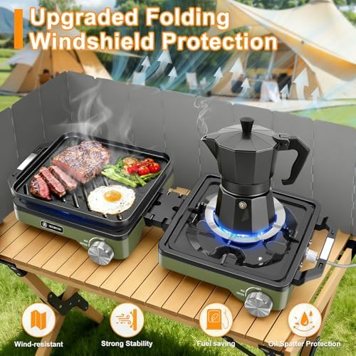2-Burner Pro Camping Stove,24000 BTU Camp Stove,Foldable Propane Stove Includes Carry Bag,Windscreen Griddle, Portable Stove,Camping Essentials,Suitable For Outdoor Cooking,Tailgating,Grilling (Green) - Image 3