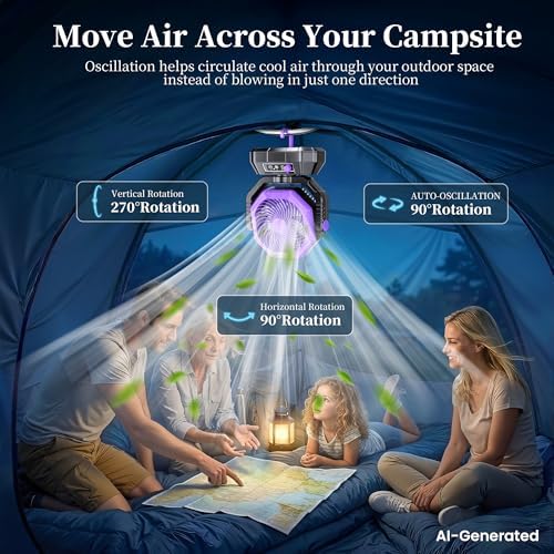 MKG Camping Fan Rechargeable, Oscillating Battery Powered Hanging Tent Fan with Light and Remote, Portable for Camp, Outdoor, Emergency Power Outage, Fishing, RV Travel (Purple) - Image 4