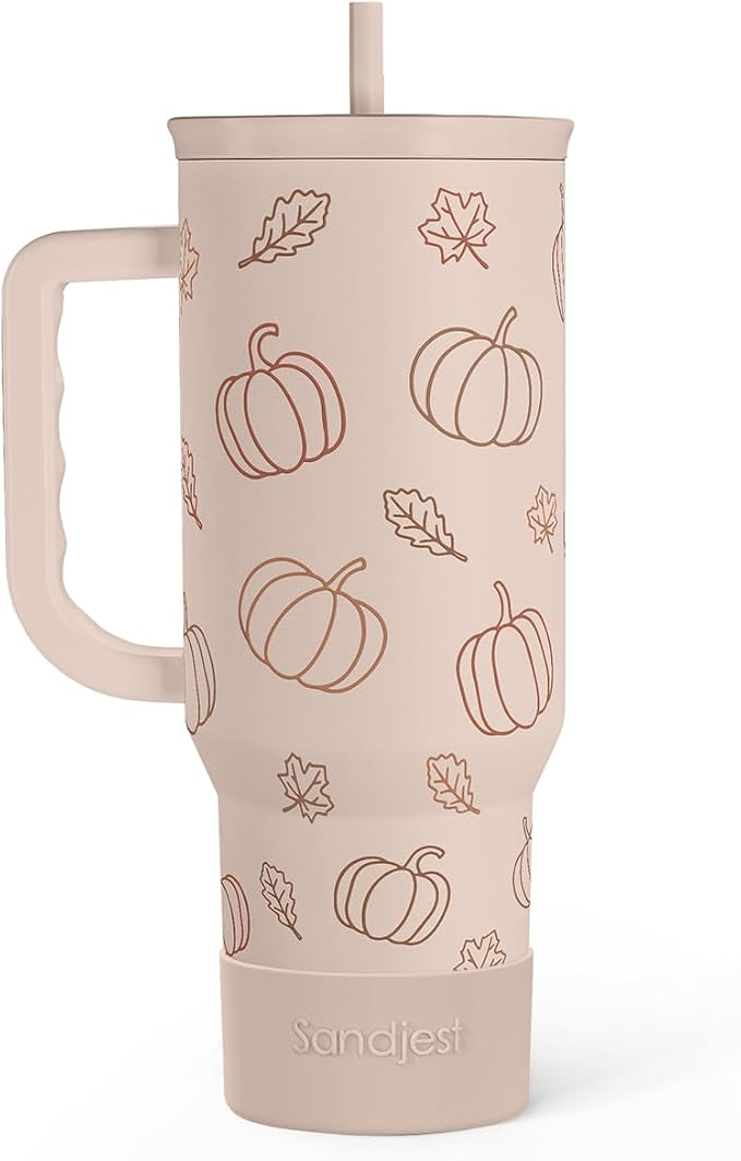 SANDJEST Pumpkin Tumbler with Handle and Straw 40oz – Stainless Sleel Slider Tumbler Travel Coffee Mug for Women - Gift Idea for Fall Autumn Halloween by SANDJEST