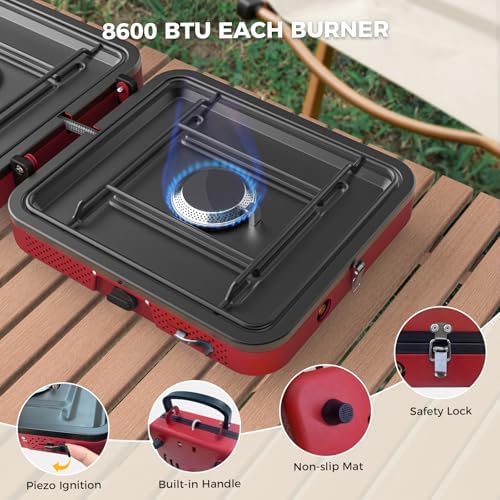 CAMPLUX FoldGo 2 Burner Portable Camping Stove 17,200 BTU, Foldable Propane Stove for Outdoor Cooking with Carry Bag, Portable Gas Stove with 2 Adjustable Burners, Red - Image 6