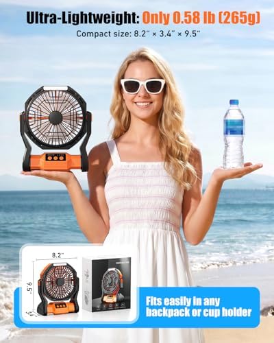Camping Fan Rechargeable, 20000mAh Battery Powered Fan with LED Light & Hook, Portable Fans Rechargeable for Indoor, Outdoor, Tent, Travel, Jobsite, Fishing, Gifts for Men Dad - Image 3