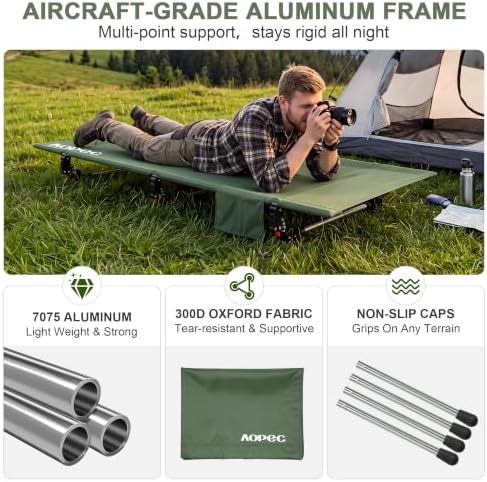 Height Adjustable Camping Cot, 350lbs Heavy-Duty Aluminum Frame, Green - Image 5