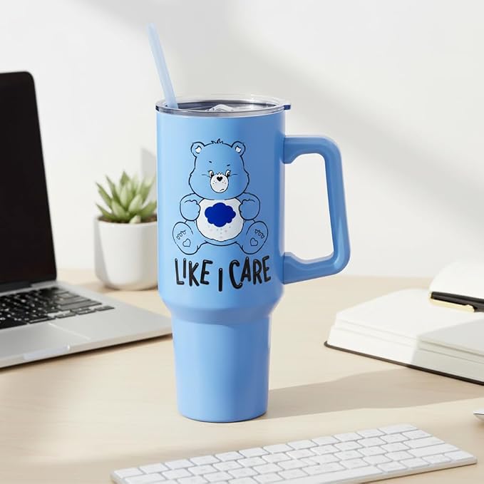 Silver Buffalo Care Bears Grumpy Bear Like I Care Double Walled Stainless Steel Tumbler with Handle and Straw, Fits in Standard Cup Holder, 40 Ounces - Image 9