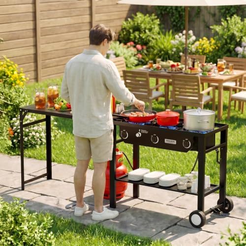 ROVSUN 3 Burner Outdoor Propane Gas Stove with Foldable Work Station, Auto-ignition & Regulator, 225,000 BTU Powerful Camping Burner with Portable Wheels for Backyard Patio Cooking Brewing Frying - Image 7