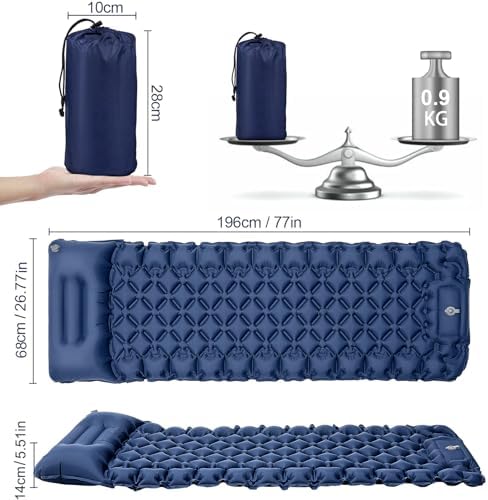 Sleeping Pad, Ultralight 40D Nylon Camping Mat Built-in Pump - Blue - Image 5