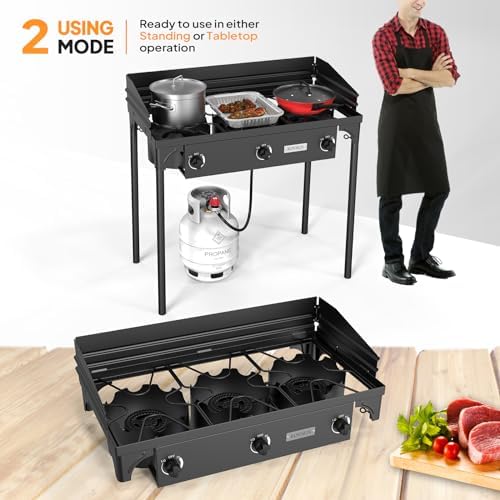 ROVSUN 3 Burner Propane Gas Stove with Carrying Bag, 225,000 BTU Patio Outdoor Camping Burner with Wind Panel & CSA Listed Regulator, Picnic Cooker for Home Patio Cooking Brewing Turkey Frying Canning - Image 7