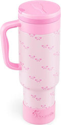 40 oz Insulated Tumbler with Handle and Push-Button Straw Lid, Stainless Steel Travel Cup for Gym Office Leakproof, BPA-Free, Cup Holder Friendly, Bow Silicone Boot, Pink (Coquette Bubblegum) by Coquella