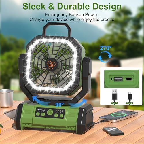 Honesorn 20000mAh Battery Powered Fan with LED Light & Remote, Green - Image 6