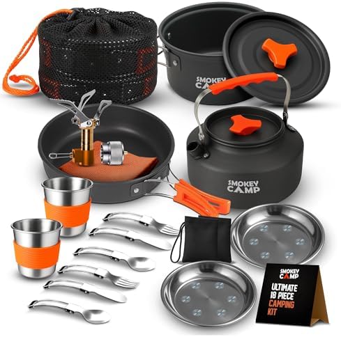 Smokey Camp Camping Cookware Mess Kit Set with Stove - Backpacking Camping Pots and Pans Set, All in One Non-Stick Camping Cooking Set, Portable Stove, Hiking, Picnic, Outdoor & Camping Cookware Set by SmokeyCamp