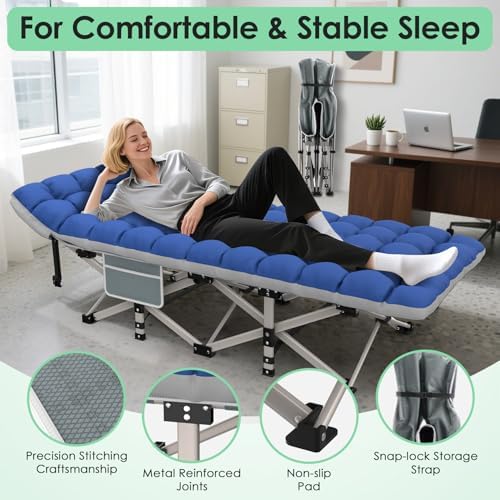 Suteck Camping Cot, Folding Camping Cot Bed for Adults Sleeping 1200D Double Layer Oxford Portable Folding Outdoor Cots for Camping W/Soft Pad Carry Bag for Home Office Nap Beach Travel, Stripe Blue - Image 6