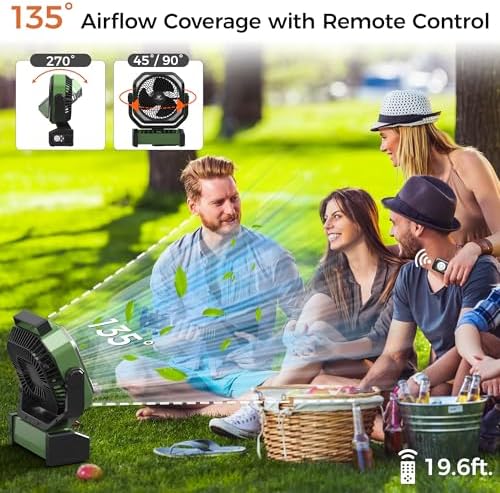 Camping Fan with Light - 20000mAh Rechargeable Battery Fan, 112Hrs Max Run Time, 8 Speeds, Digital Display, Timer, Auto Oscillation, 270° Pivot & Hook for Camping, Power Outage, Hurricane (Army Green) - Image 6
