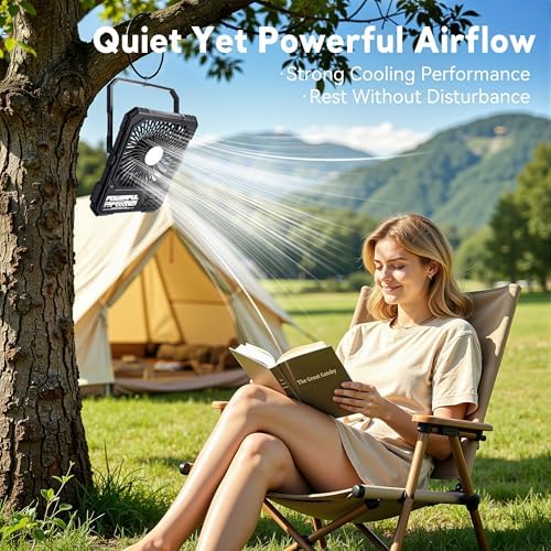 Portable Fan, Camping Fan, 20000mAh 6-Inch 18-85H Rechargeable Ultra Thin Foldable with Built-in Power Bank, LED Light, Remote Control, Hook for Outdoor Camping Tent RV Travel (Khaki) - Image 5