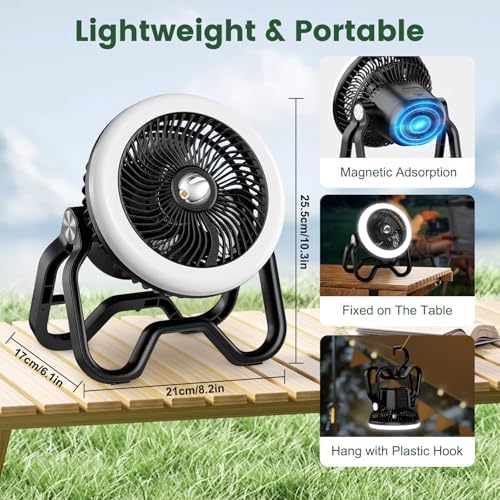 Portable Fan Rechargeable Camping Lantern-40Hrs,20000mAh Cordless Battery Operated Oscillating Fan with Remote,Hanging Hook and Magnetic Base, 3 Speeds for Tents, Outdoor, RV, Outage - Image 4