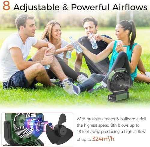 Camping Fan with Light - 20000mAh Rechargeable Battery Fan, 112Hrs Max Run Time, 8 Speeds, Digital Display, Timer, Auto Oscillation, 270° Pivot & Hook for Camping, Power Outage, Hurricane (Army Green) - Image 3