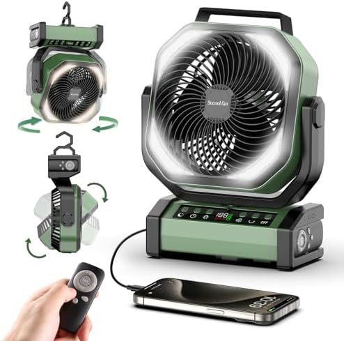 Socool Camping Fan with Light - 20000mAh Rechargeable Battery Fan, 112Hrs Max Run Time, 9 Speeds, Digital Display, Timer, Auto Oscillation, 270° Pivot & Hook for Camping, Power Outage, Hurricane by Socoolfancoolinhand