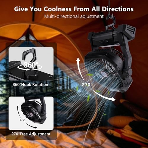 Camping Fan Rechargeable, 20000mAh Battery Powered Portable Fan with LED Lantern,4-Speed, USB C Battery Operated for Camping Travel Bedroom Home Tent Office Beach Desk Fishing Table - Black - Image 4