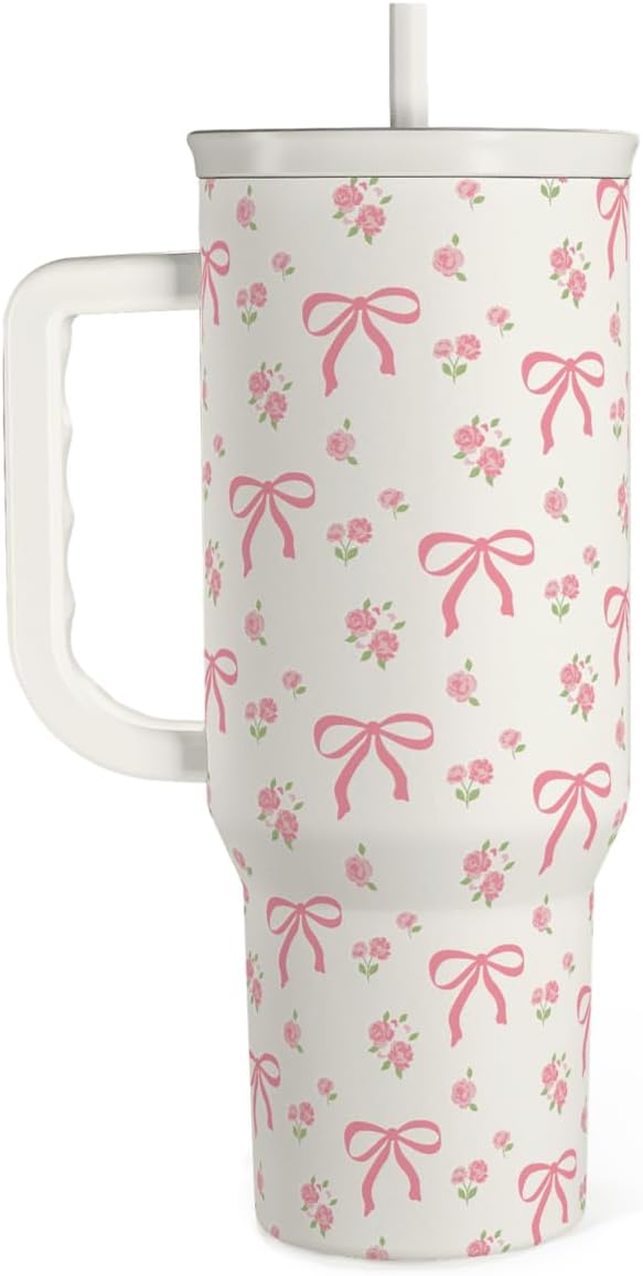 Bow Tumbler with Handle 40oz, Stainless Steel Insulated Tumblers Coffee Travel Cup with Slider Straw Lid, Gifts for Women Teen Girls Birthday by SANDJEST