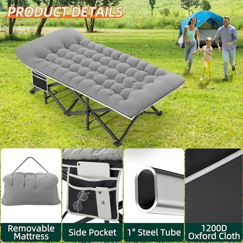 Fragess Portable Camping Cot, 32" Extra Wide Camping Cots for Adults with Thick Mattress, Heavy Duty Sleeping Cot Holds Up to 600LBS, Cots for Sleeping, Rv, Beach, Patio, Office Naps(Grey) - Image 5