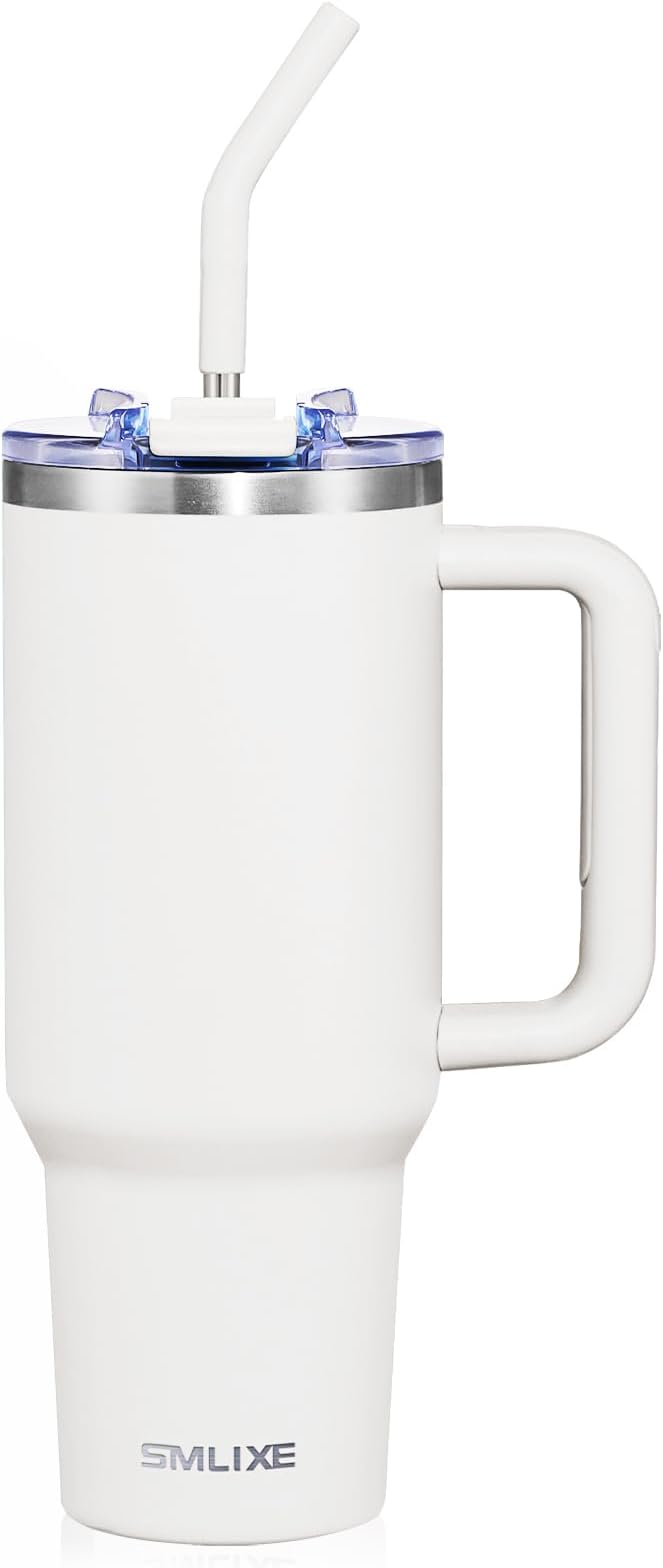 40 oz Tumbler with Handle and Straw Lid,Insulated Reusable Stainless Steel Water Bottle Travel Mug，Cupholder Friendly Double Wall Vacuum Sealed Cup (Snow) by smlixe