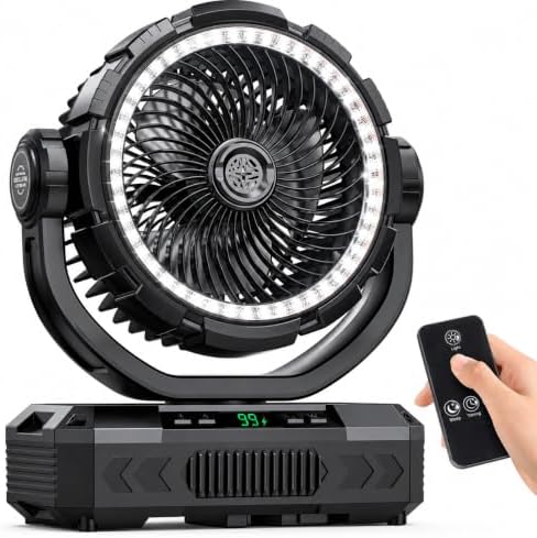 11-Inch Rechargeable Camping Fan【Auto-Oscillating & Remote】40000mAh Portable Battery Powered Operated Fan,Light,Timer,Hook,Outdoor Tent Fans for Patios,Beach,Fishing,Emergency,Camping Gear Essentials by Ausic