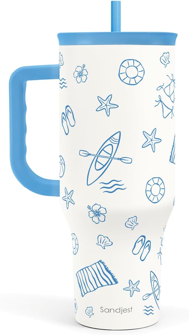 SANDJEST Beach 40oz Tumbler with Handle and Straw, Insulated Stainless Steel Travel Coffee Mug for Women Girls Beach Lovers, Gift Idea for Birthday Christmas Mothers Day Summer Vacation (Blue) by SANDJEST