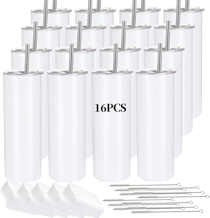 16 Pack Sublimation Tumblers Straight Skinny Tumbler Blanks Bulk 20oz for Heat Transfer, Individual Gift Boxed, Double Wall Insulated Tumbler with Shrink Wrap & Straws by YOUKEOLA