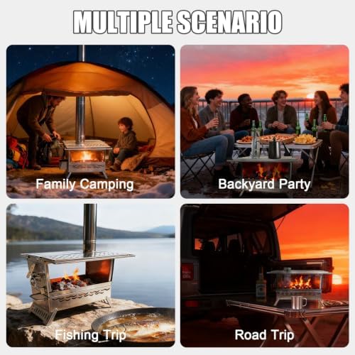 Camping Wood Burning Stove, Hot Tent Stove with Extra Baking Tray, Outdoor Stainless Steel Stove with 6 Chimney Pipes for Outdoor Camping, Cooking - Image 6