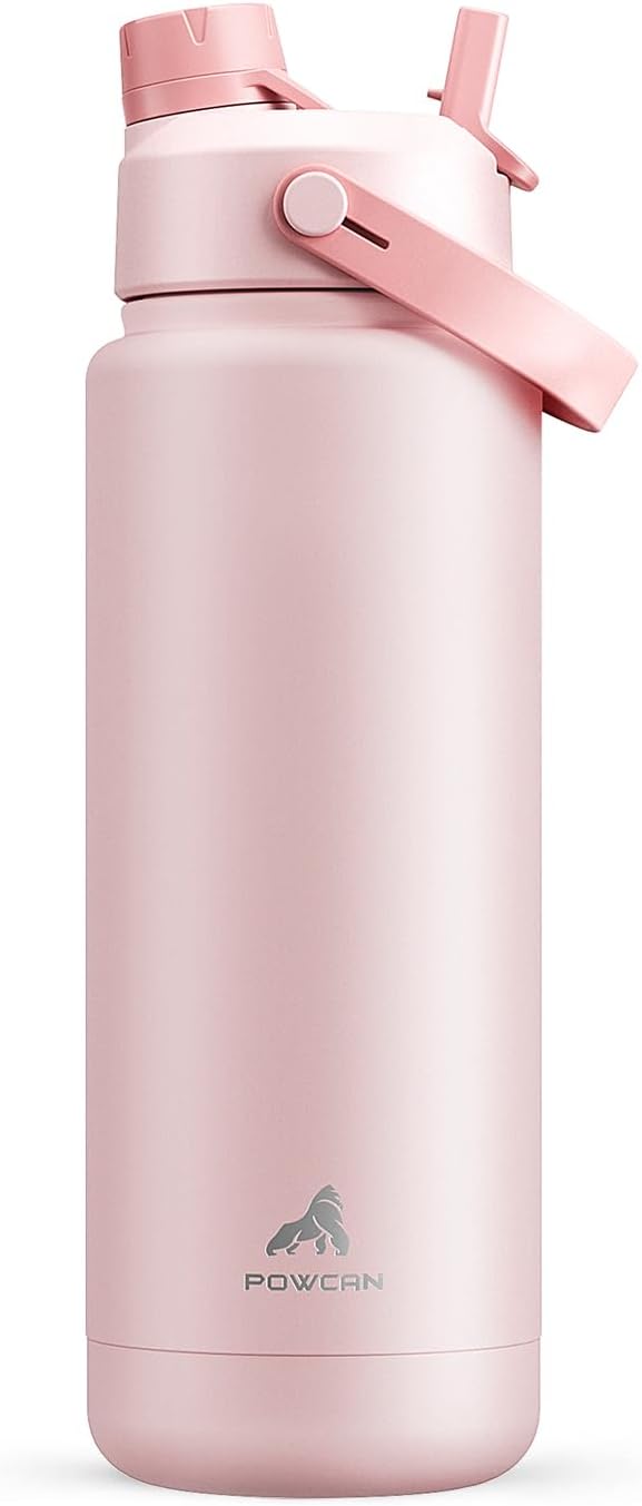 POWCAN 32 oz Insulated Water Bottle with 2-in-1 Straw and Spout Lid, Keep Cold 24H, Leak-Proof, BPA-Free, Double Wall Stainless Steel Water Bottle for Sports, Gym, Travel, and School (Cotton Candy) by POWCAN