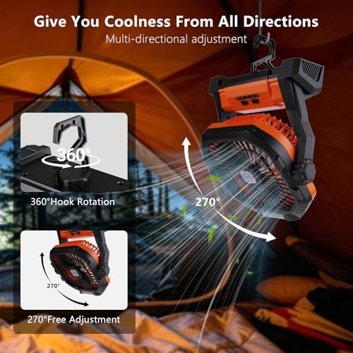 Camping Fan Rechargeable, 20000mAh Battery Powered Portable Fan with LED Lantern,4-Speed, USB C Battery Operated for Camping Travel Bedroom Home Tent Office Beach Desk Fishing Table - Orange - Image 4