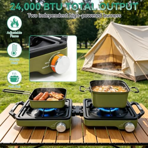 2 Burner Portable Propane Camping Stove Kit, 24000 BTU Foldable Hiking Stove with Frying Pan, Pot, Windshield & Carry Bag, Outdoor Cookware Camp Cooking Set for Tailgating, BBQ, Picnic, Green - Image 2
