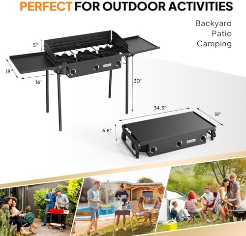 ROVSUN 3 Burner Gas Stove with 2 Side Shelves, 225,000BTU Portable Propane Stove with Removable Leg, Wind Panel, Regulator for Camping Home Backyard Outdoor Cooking Brewing Canning Turkey Frying - Image 6