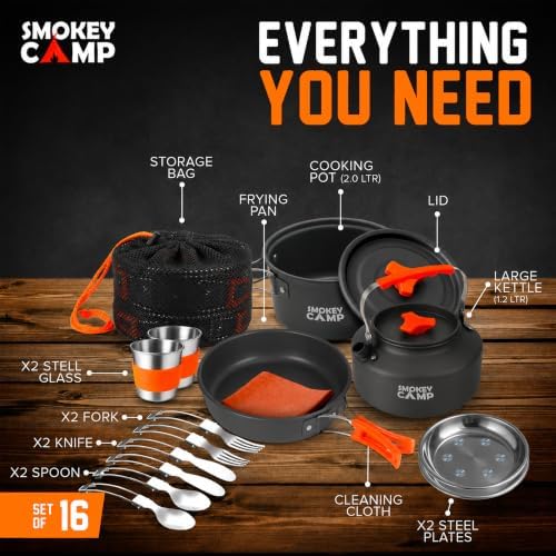 Smokey Camp Camping Cookware Mess Kit Set with Stove - Backpacking Camping Pots and Pans Set, All in One Non-Stick Camping Cooking Set, Portable Stove, Hiking, Picnic, Outdoor & Camping Cookware Set - Image 2