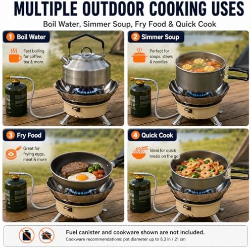 Butane Camping Stove, Portable Windproof Camping Gas Stove with Built-in Windshield, Piezo Ignition, Propane Canister Adapter, Foldable Burner for Backpacking Hiking Outdoor Cooking - Image 3