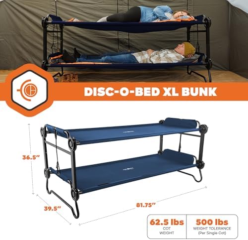 Disc-O-Bed Extra Large Portable Bunk Camping Cots with Carry Bags - Heavy-Duty Indoor or Outdoor Sleeping System, Converts to Bench or Separate Beds, 500 lb Weight Capacity Per Cot, Navy - Image 6