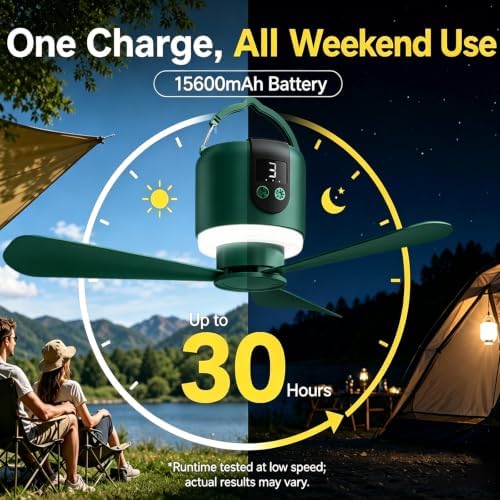 18“ Camping Ceiling Fan with Light & Remote, 15600mAh Battery Operated Tent Fan,Power Bank,Rechargeable Battery Powered Fan,Hangable Camping Fan,Camping Essential (Green) - Image 3